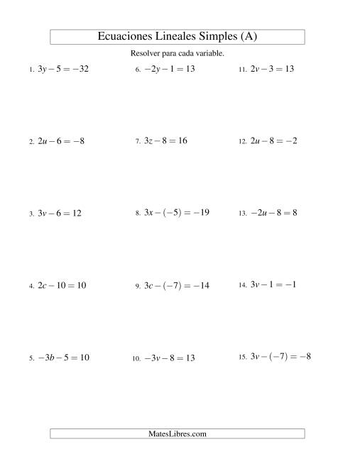 La hoja de ejercicios de Resolver Ecuaciones Lineales de la Forma ax - b = c con Valores Negativos (A)
