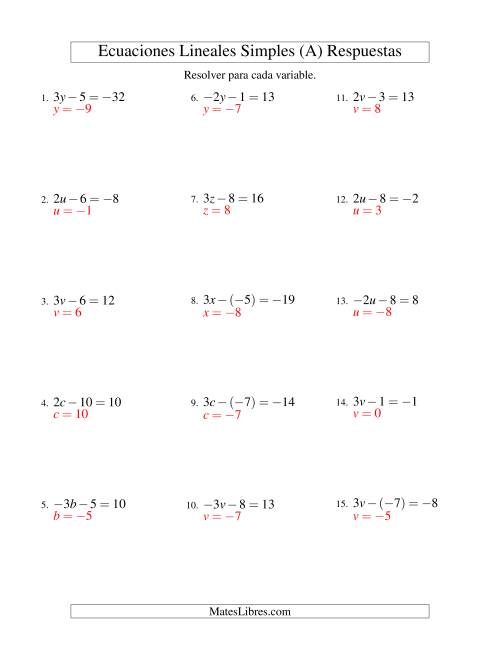 La hoja de ejercicios de Resolver Ecuaciones Lineales de la Forma ax - b = c con Valores Negativos (A) Página 2