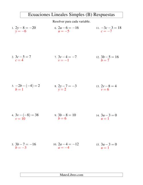 La hoja de ejercicios de Resolver Ecuaciones Lineales de la Forma ax - b = c con Valores Negativos (B) Página 2
