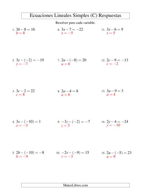 La hoja de ejercicios de Resolver Ecuaciones Lineales de la Forma ax - b = c con Valores Negativos (C) Página 2