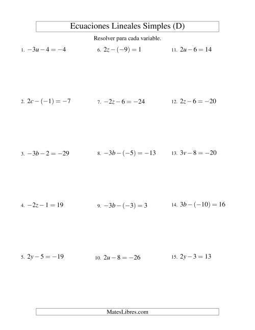 La hoja de ejercicios de Resolver Ecuaciones Lineales de la Forma ax - b = c con Valores Negativos (D)