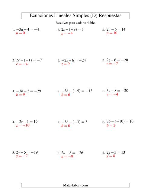 La hoja de ejercicios de Resolver Ecuaciones Lineales de la Forma ax - b = c con Valores Negativos (D) Página 2