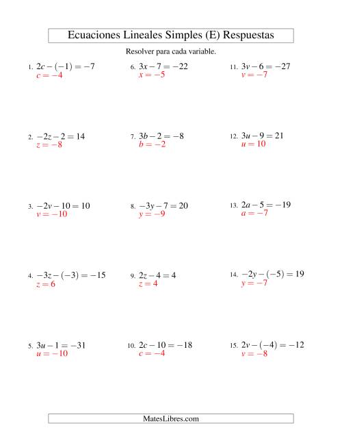 La hoja de ejercicios de Resolver Ecuaciones Lineales de la Forma ax - b = c con Valores Negativos (E) Página 2