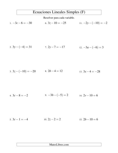 La hoja de ejercicios de Resolver Ecuaciones Lineales de la Forma ax - b = c con Valores Negativos (F)