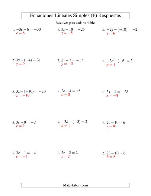 La hoja de ejercicios de Resolver Ecuaciones Lineales de la Forma ax - b = c con Valores Negativos (F) Página 2