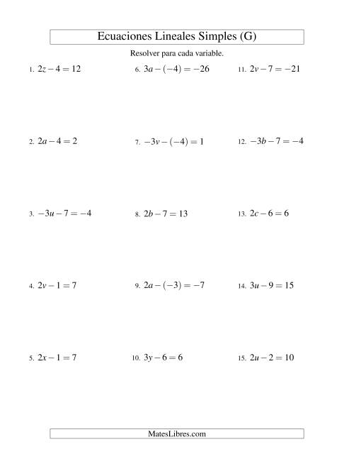 La hoja de ejercicios de Resolver Ecuaciones Lineales de la Forma ax - b = c con Valores Negativos (G)