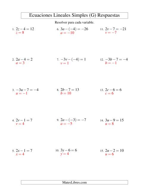 La hoja de ejercicios de Resolver Ecuaciones Lineales de la Forma ax - b = c con Valores Negativos (G) Página 2