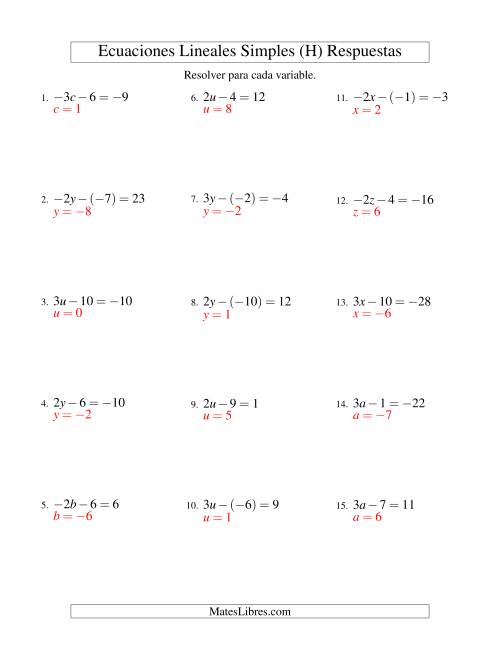 La hoja de ejercicios de Resolver Ecuaciones Lineales de la Forma ax - b = c con Valores Negativos (H) Página 2