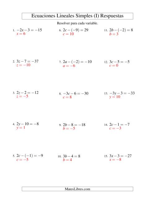 La hoja de ejercicios de Resolver Ecuaciones Lineales de la Forma ax - b = c con Valores Negativos (I) Página 2