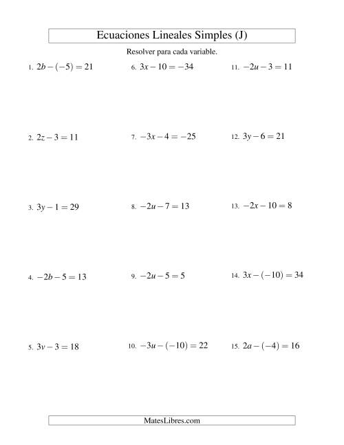 La hoja de ejercicios de Resolver Ecuaciones Lineales de la Forma ax - b = c con Valores Negativos (J)