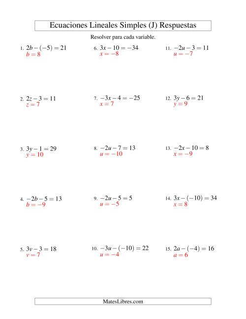 La hoja de ejercicios de Resolver Ecuaciones Lineales de la Forma ax - b = c con Valores Negativos (J) Página 2