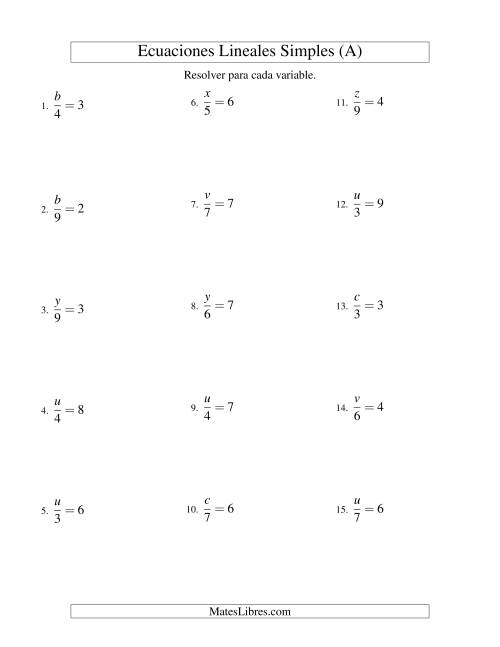 La hoja de ejercicios de Resolver Ecuaciones Lineales de la Forma x/a = c sin Valores Negativos (A)