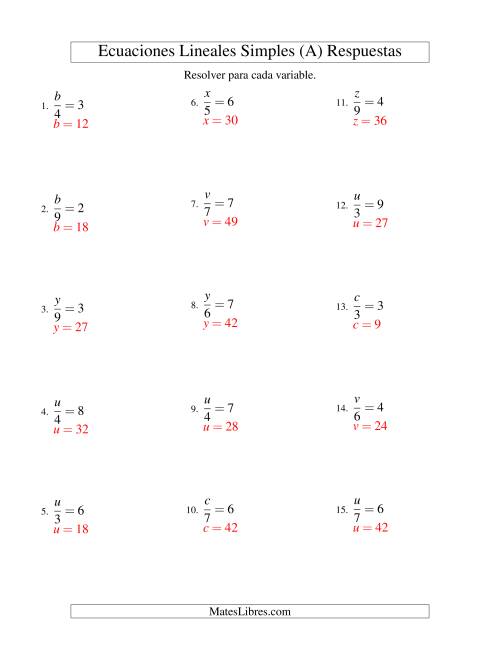 La hoja de ejercicios de Resolver Ecuaciones Lineales de la Forma x/a = c sin Valores Negativos (A) Página 2