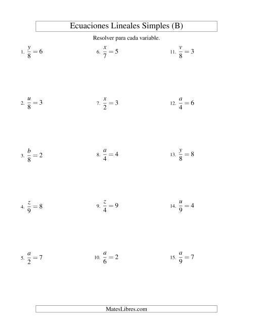 La hoja de ejercicios de Resolver Ecuaciones Lineales de la Forma x/a = c sin Valores Negativos (B)