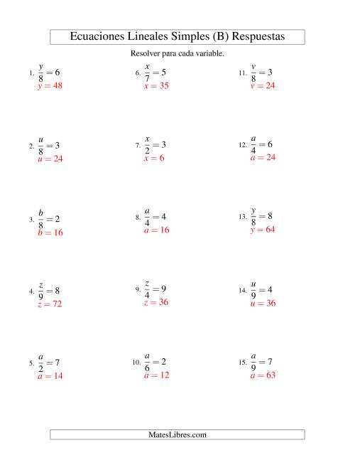 La hoja de ejercicios de Resolver Ecuaciones Lineales de la Forma x/a = c sin Valores Negativos (B) Página 2