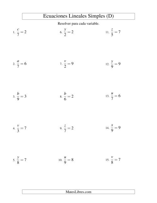La hoja de ejercicios de Resolver Ecuaciones Lineales de la Forma x/a = c sin Valores Negativos (D)