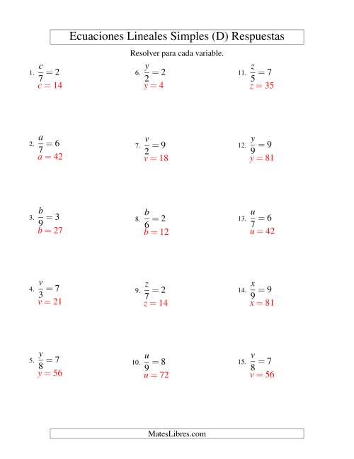 La hoja de ejercicios de Resolver Ecuaciones Lineales de la Forma x/a = c sin Valores Negativos (D) Página 2