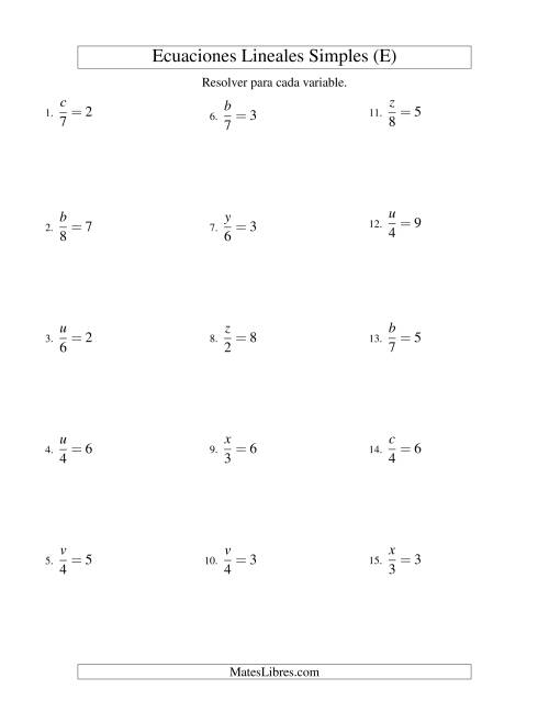 La hoja de ejercicios de Resolver Ecuaciones Lineales de la Forma x/a = c sin Valores Negativos (E)