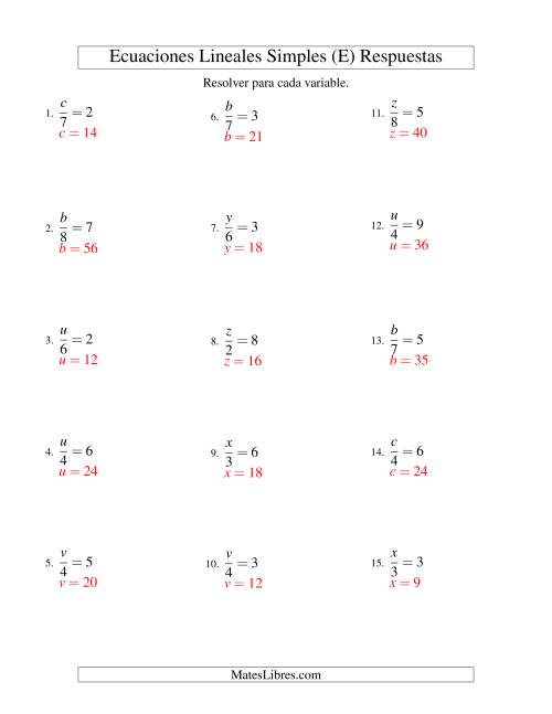 La hoja de ejercicios de Resolver Ecuaciones Lineales de la Forma x/a = c sin Valores Negativos (E) Página 2