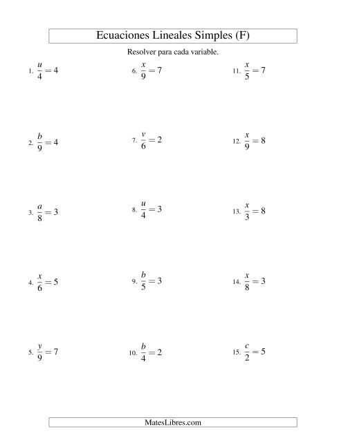 La hoja de ejercicios de Resolver Ecuaciones Lineales de la Forma x/a = c sin Valores Negativos (F)