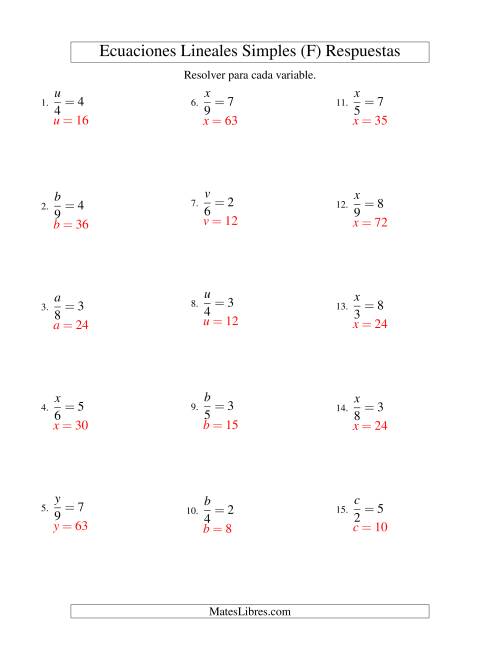 La hoja de ejercicios de Resolver Ecuaciones Lineales de la Forma x/a = c sin Valores Negativos (F) Página 2