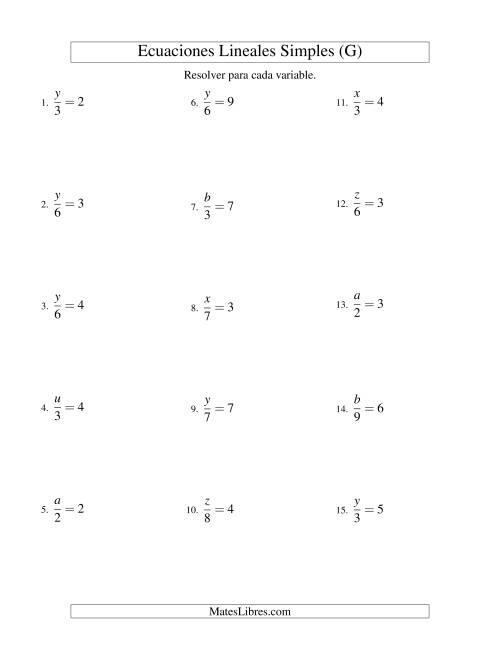 La hoja de ejercicios de Resolver Ecuaciones Lineales de la Forma x/a = c sin Valores Negativos (G)