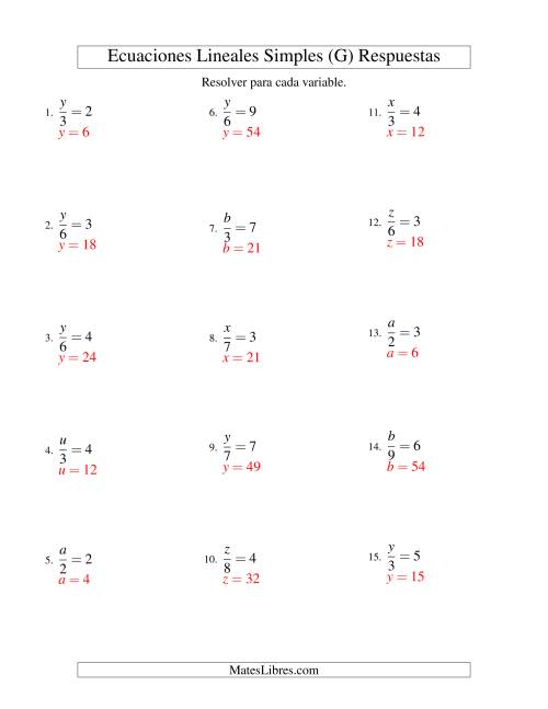 La hoja de ejercicios de Resolver Ecuaciones Lineales de la Forma x/a = c sin Valores Negativos (G) Página 2