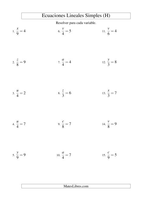 La hoja de ejercicios de Resolver Ecuaciones Lineales de la Forma x/a = c sin Valores Negativos (H)