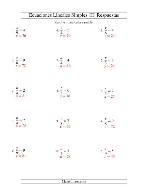 La hoja de ejercicios de Resolver Ecuaciones Lineales de la Forma x/a = c sin Valores Negativos (H) Página 2
