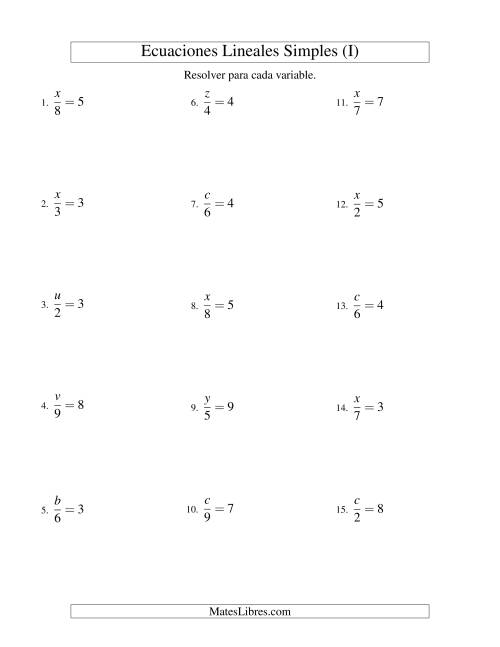 La hoja de ejercicios de Resolver Ecuaciones Lineales de la Forma x/a = c sin Valores Negativos (I)