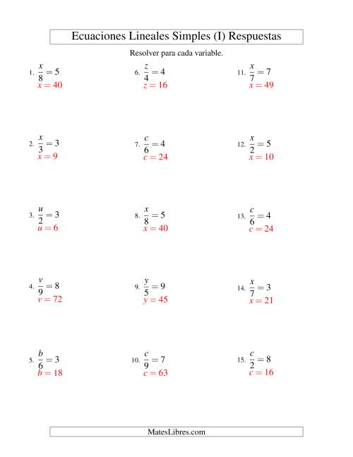 La hoja de ejercicios de Resolver Ecuaciones Lineales de la Forma x/a = c sin Valores Negativos (I) Página 2