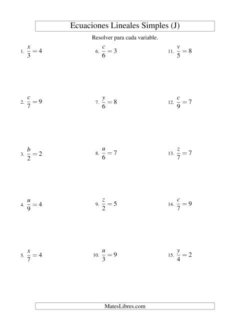 La hoja de ejercicios de Resolver Ecuaciones Lineales de la Forma x/a = c sin Valores Negativos (J)