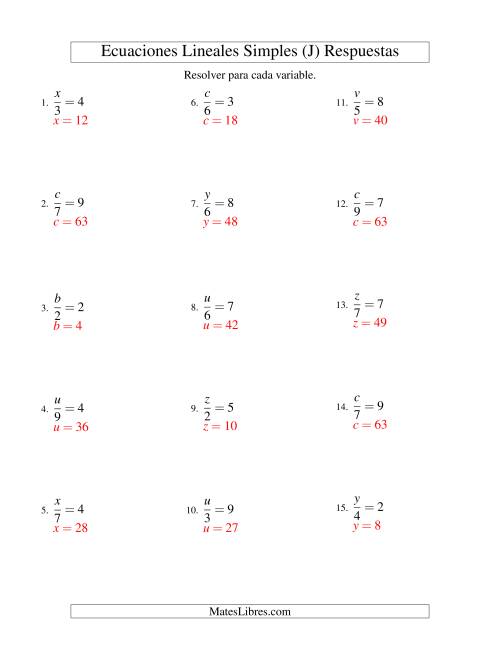 La hoja de ejercicios de Resolver Ecuaciones Lineales de la Forma x/a = c sin Valores Negativos (J) Página 2