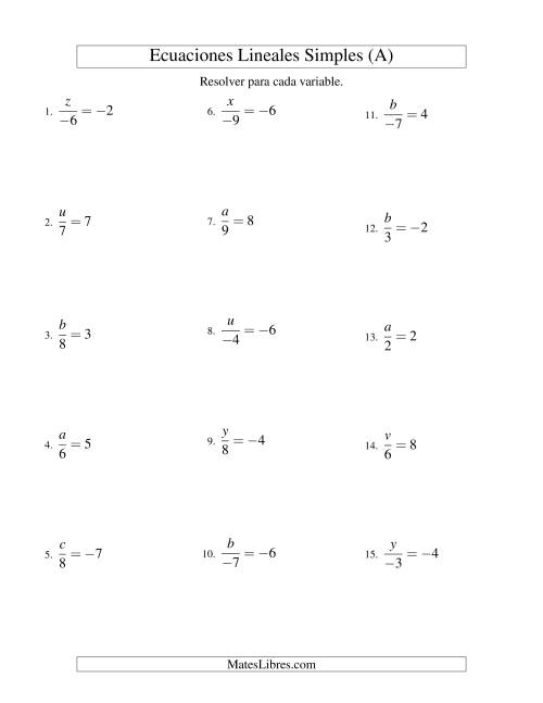 La hoja de ejercicios de Resolver Ecuaciones Lineales de la Forma x/a = c con Valores Negativos (A)