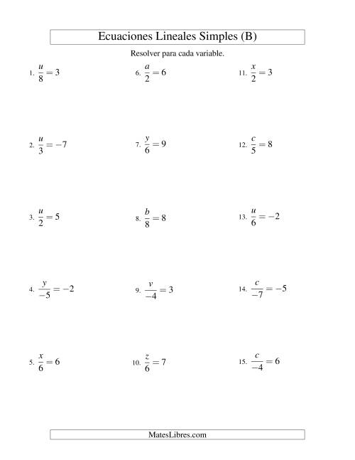 La hoja de ejercicios de Resolver Ecuaciones Lineales de la Forma x/a = c con Valores Negativos (B)