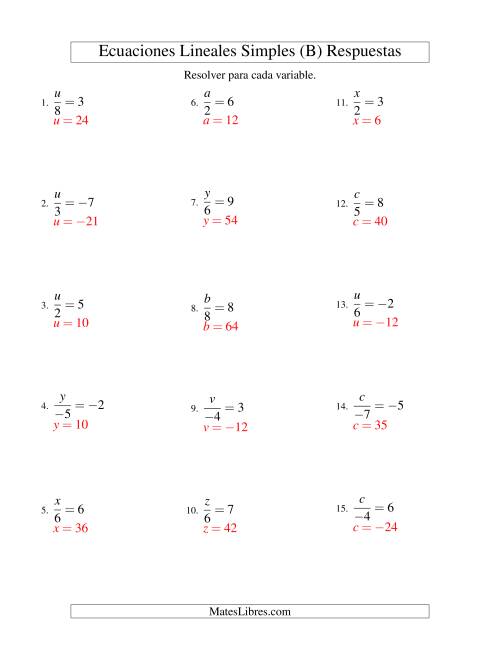 La hoja de ejercicios de Resolver Ecuaciones Lineales de la Forma x/a = c con Valores Negativos (B) Página 2