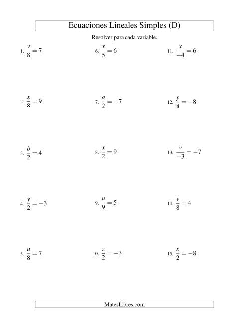 La hoja de ejercicios de Resolver Ecuaciones Lineales de la Forma x/a = c con Valores Negativos (D)