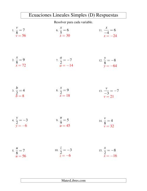 La hoja de ejercicios de Resolver Ecuaciones Lineales de la Forma x/a = c con Valores Negativos (D) Página 2