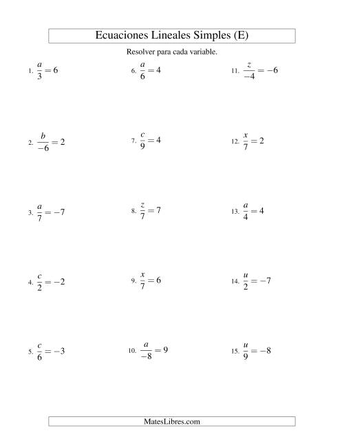La hoja de ejercicios de Resolver Ecuaciones Lineales de la Forma x/a = c con Valores Negativos (E)