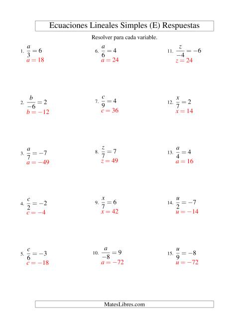 La hoja de ejercicios de Resolver Ecuaciones Lineales de la Forma x/a = c con Valores Negativos (E) Página 2
