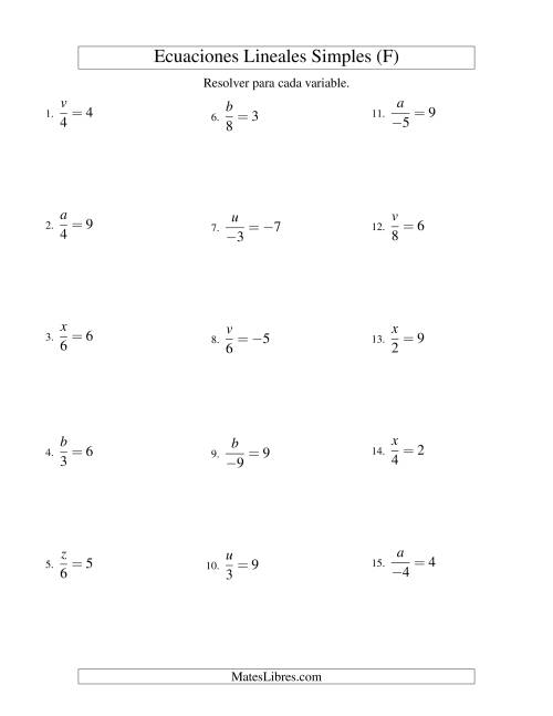 La hoja de ejercicios de Resolver Ecuaciones Lineales de la Forma x/a = c con Valores Negativos (F)