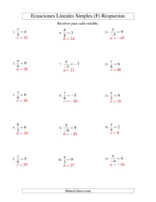 La hoja de ejercicios de Resolver Ecuaciones Lineales de la Forma x/a = c con Valores Negativos (F) Página 2