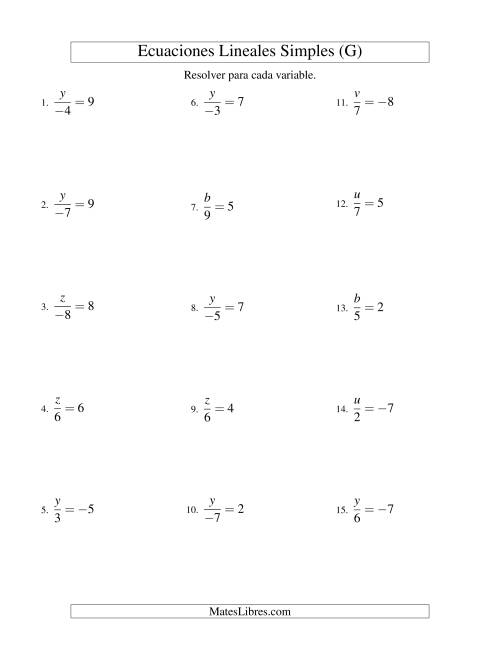 La hoja de ejercicios de Resolver Ecuaciones Lineales de la Forma x/a = c con Valores Negativos (G)