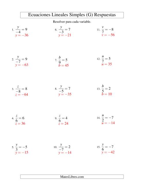 La hoja de ejercicios de Resolver Ecuaciones Lineales de la Forma x/a = c con Valores Negativos (G) Página 2