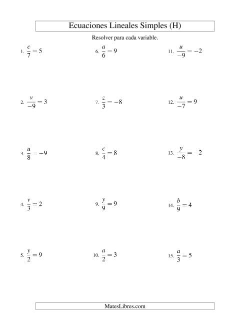 La hoja de ejercicios de Resolver Ecuaciones Lineales de la Forma x/a = c con Valores Negativos (H)