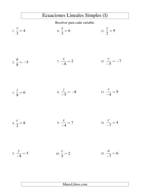 La hoja de ejercicios de Resolver Ecuaciones Lineales de la Forma x/a = c con Valores Negativos (I)