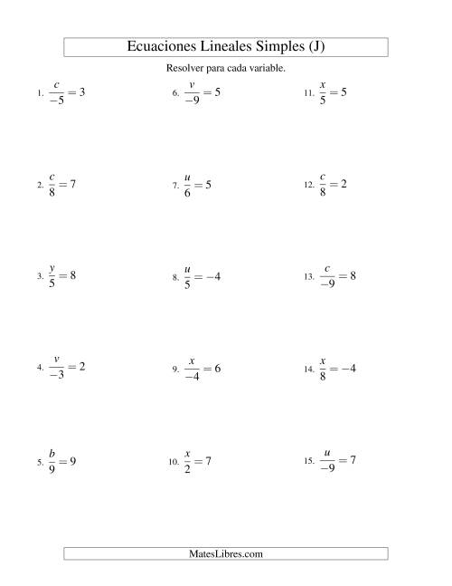 La hoja de ejercicios de Resolver Ecuaciones Lineales de la Forma x/a = c con Valores Negativos (J)