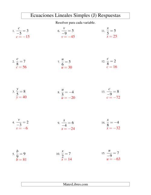 La hoja de ejercicios de Resolver Ecuaciones Lineales de la Forma x/a = c con Valores Negativos (J) Página 2