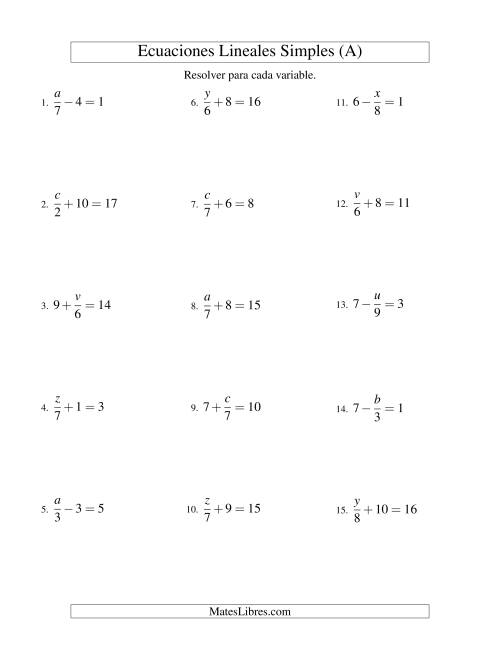 La hoja de ejercicios de Resolver Ecuaciones Lineales de la Forma x/a ± b = c sin Valores Negativos (A)