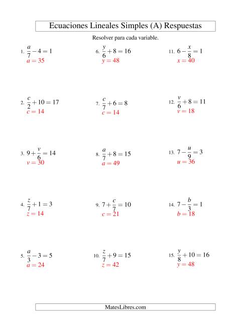 La hoja de ejercicios de Resolver Ecuaciones Lineales de la Forma x/a ± b = c sin Valores Negativos (A) Página 2